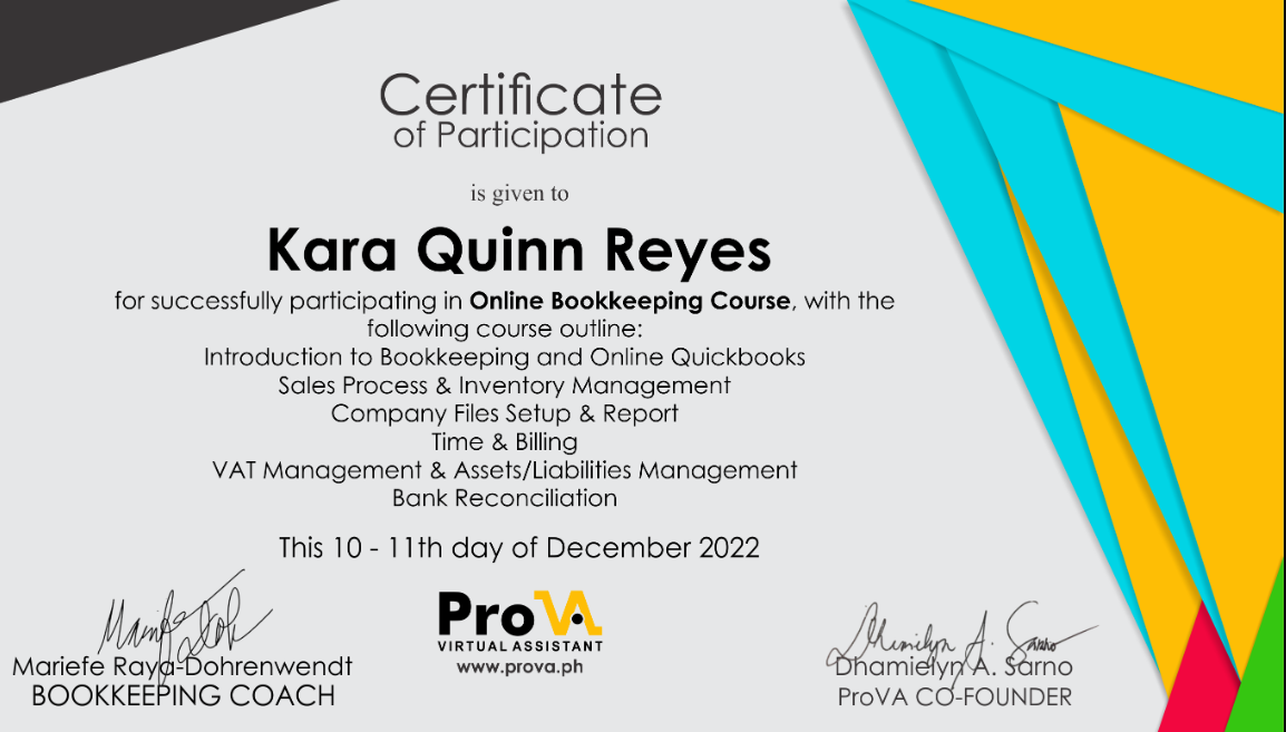 Online Bookkeeping course.