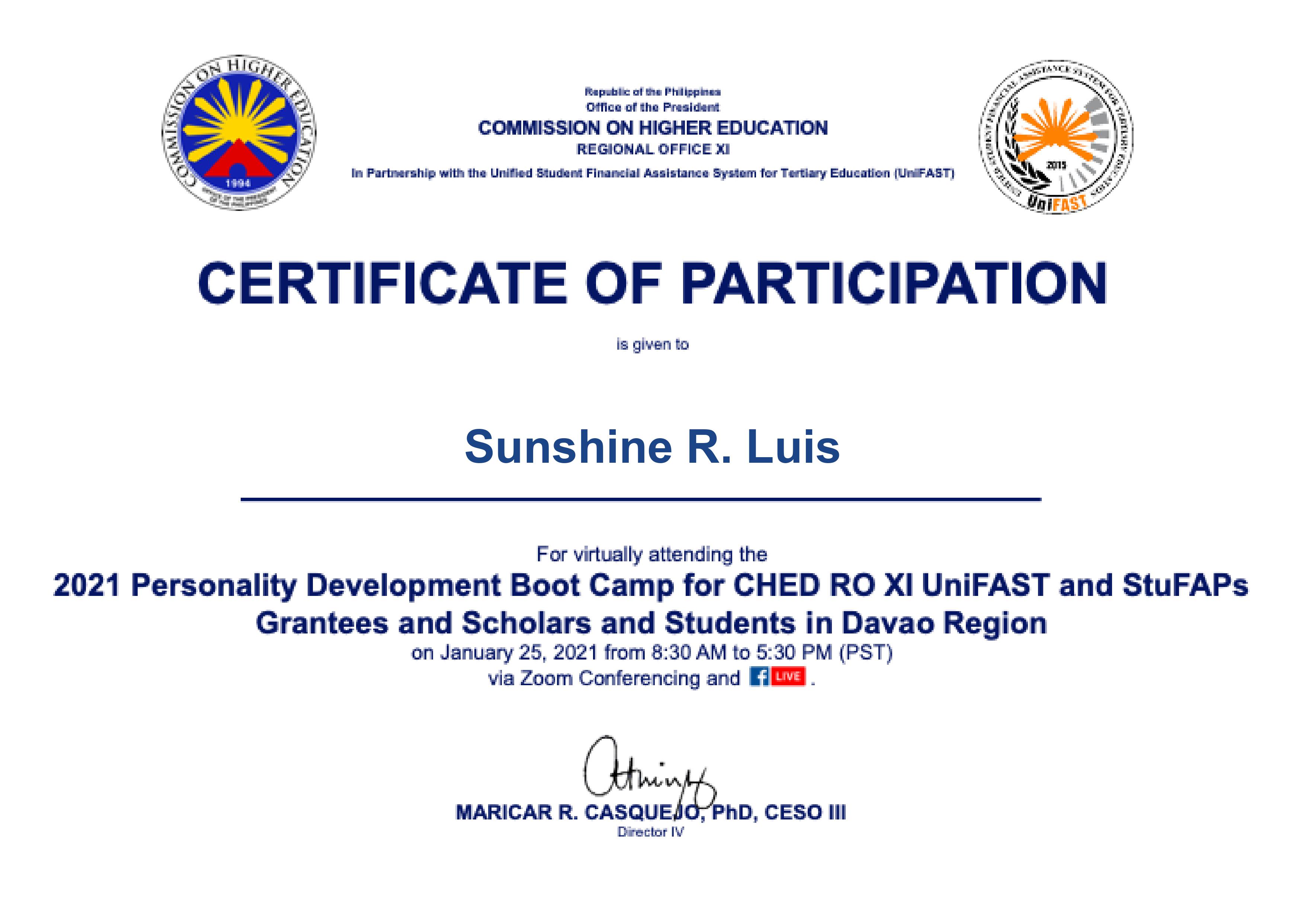 Personality Development Boot Camp for CHED RO XI UNiFAST and StuFAPsGrantees and Scholars and Studentsin Davao Region