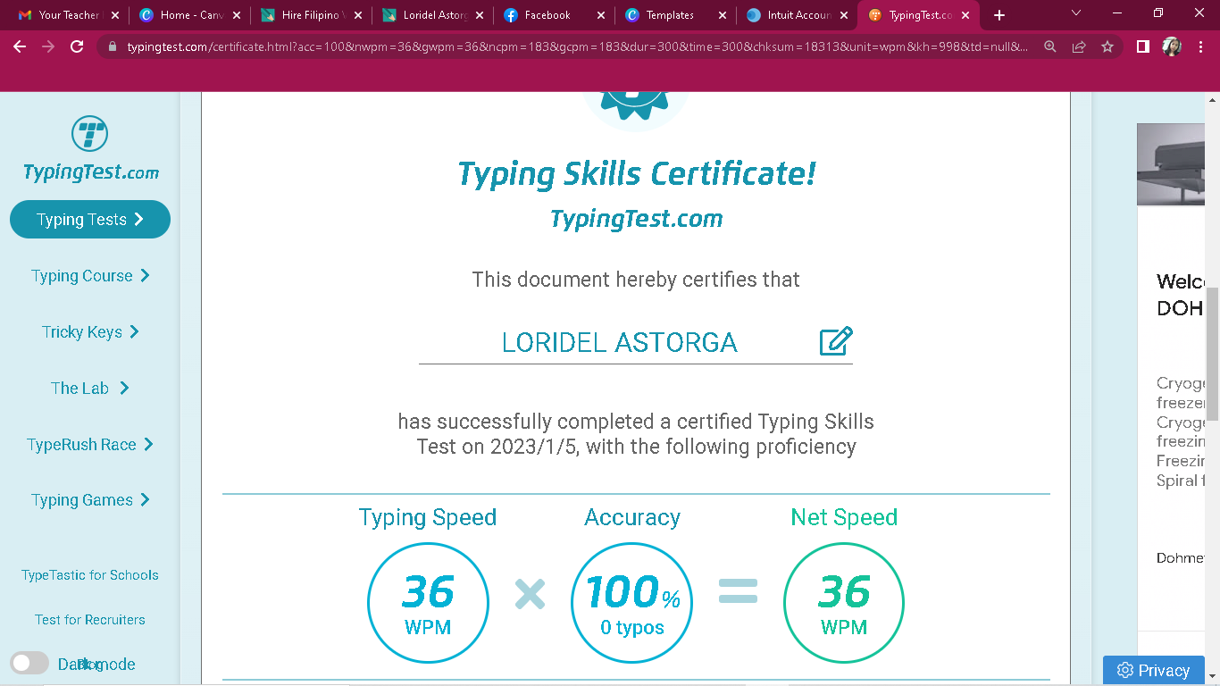 Typing Test Certificate