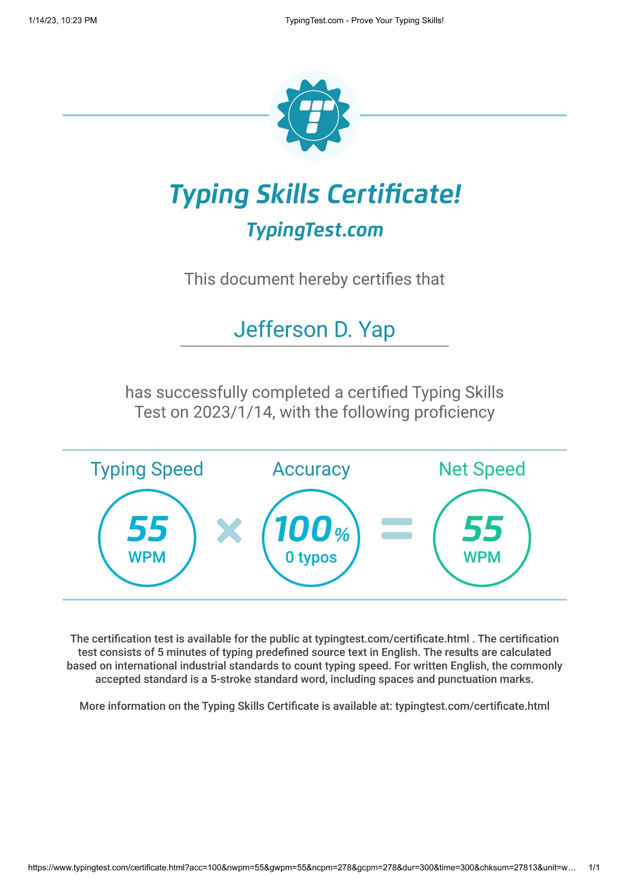 Typing Test Certificate