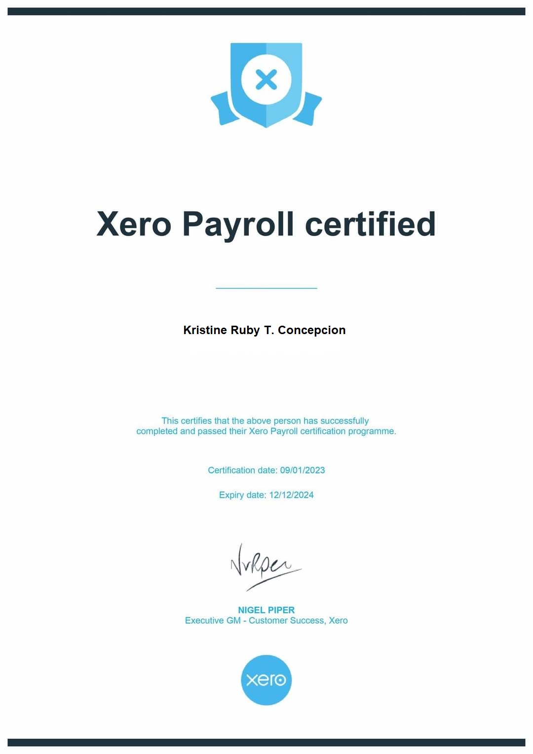 XERO PAYROLL CERTIFICATE