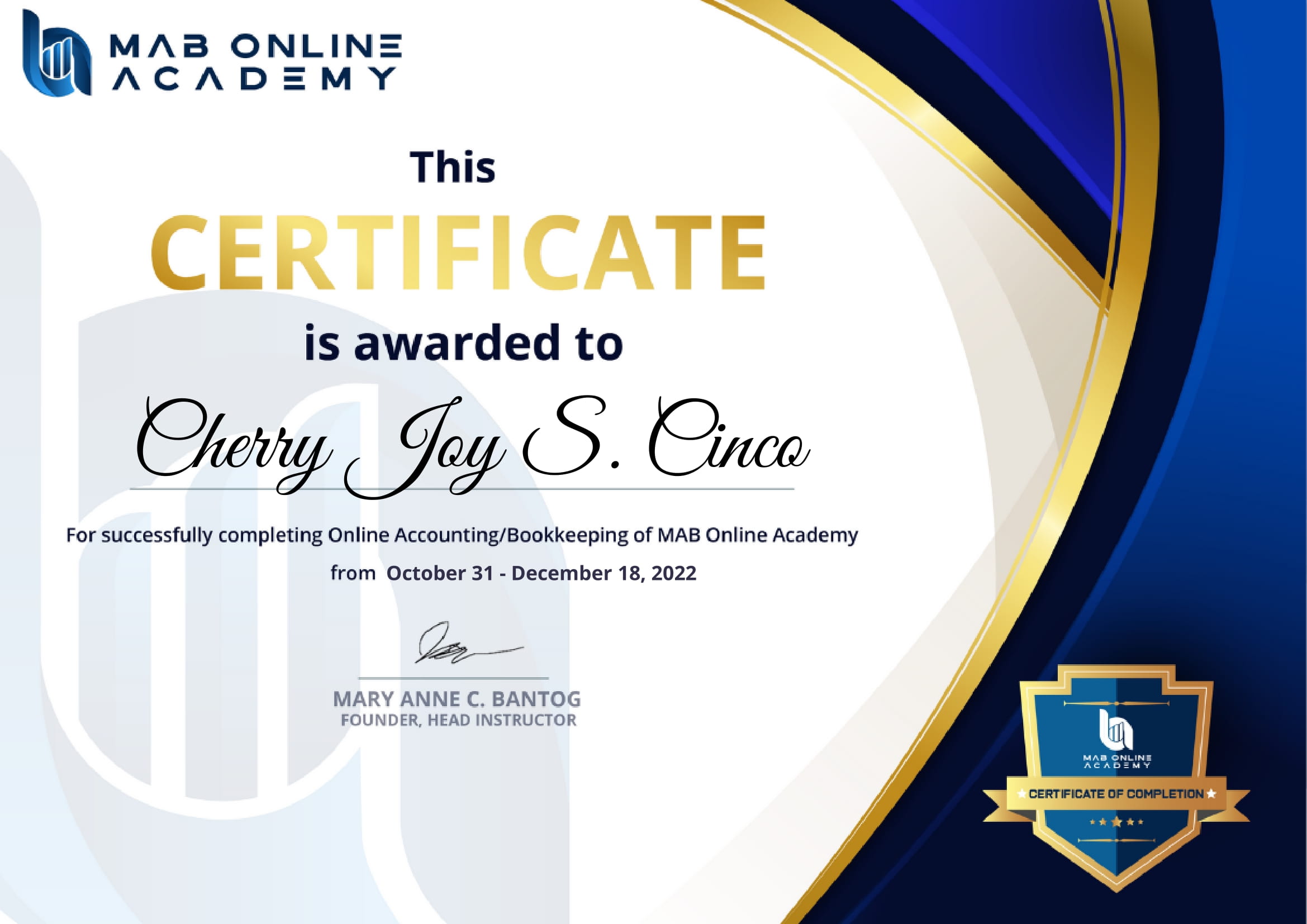 MAB Online Academy Training Certificate