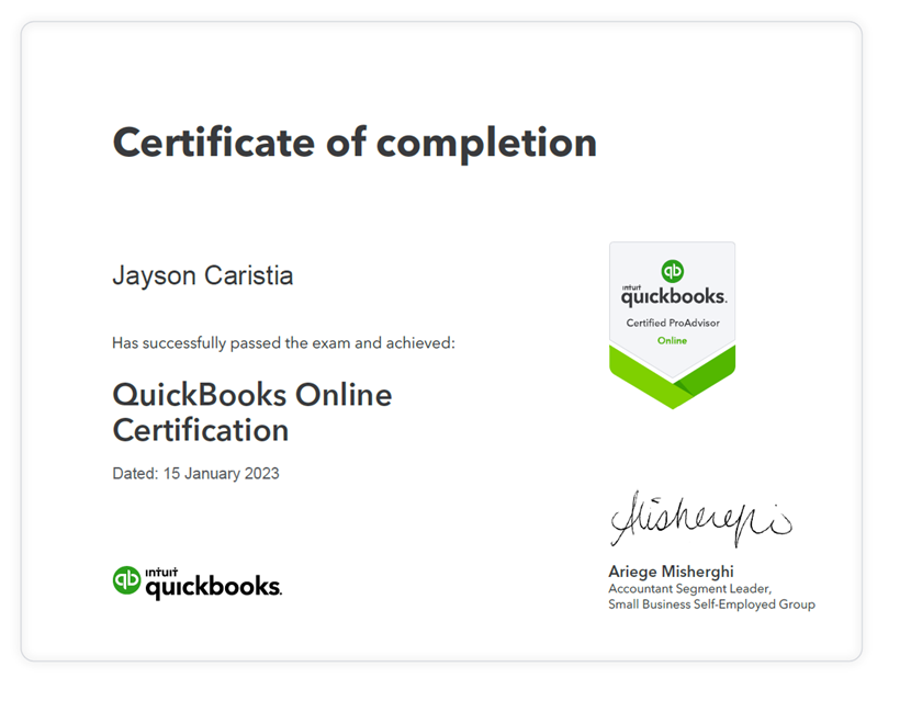 Quick Books Online Certification - Jayson Caristia