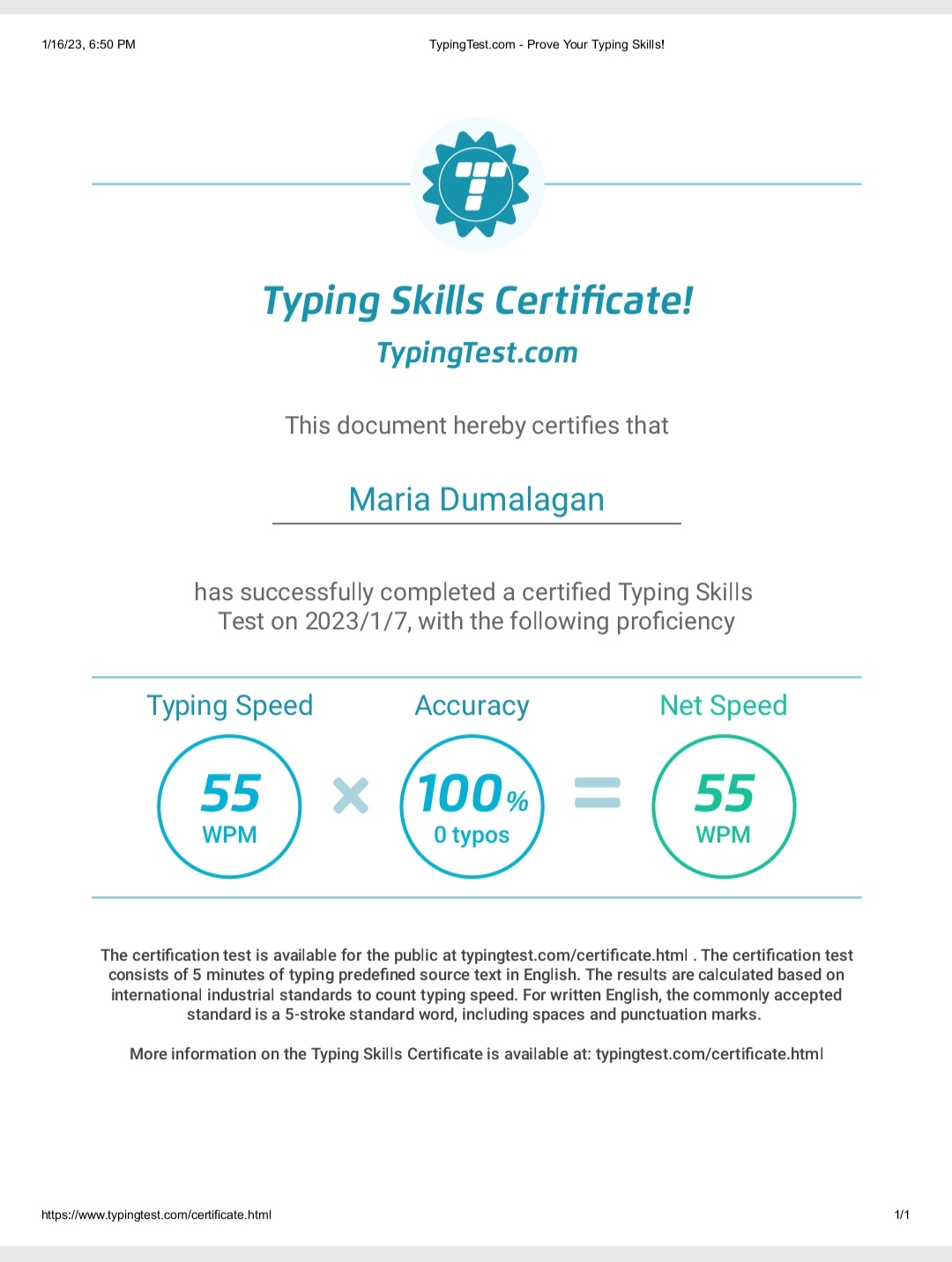 Typing Skills Certificates & Results