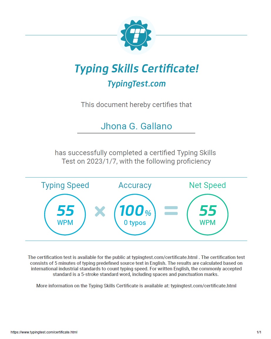 Typing Skills Certificate