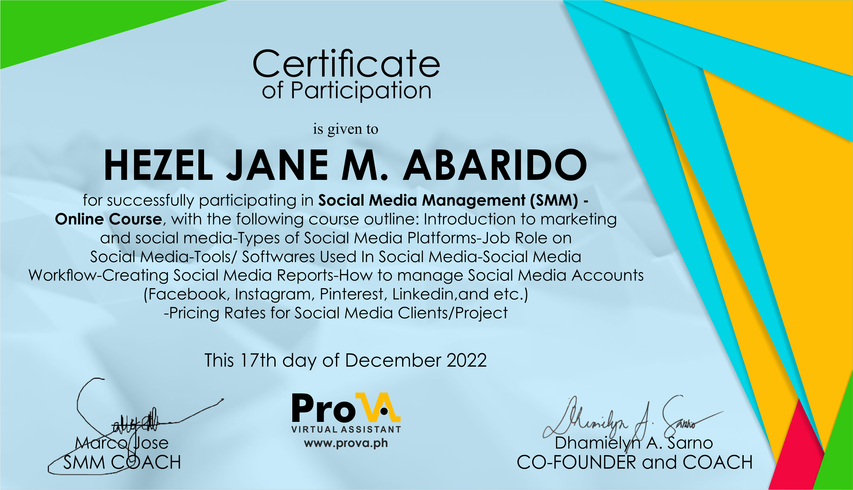 Social Media Management Training Certificate