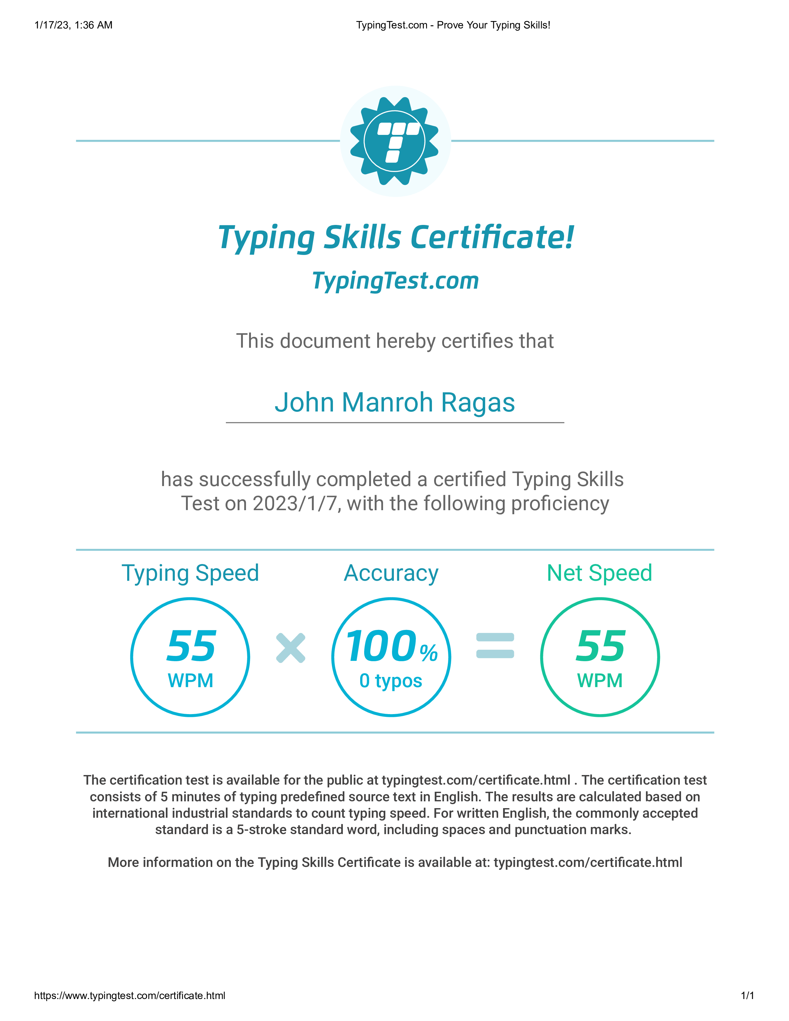 Typing Test Certificate