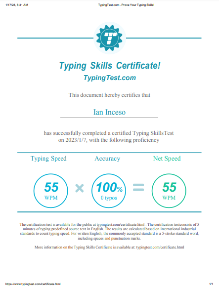 Typing Skills Certificate