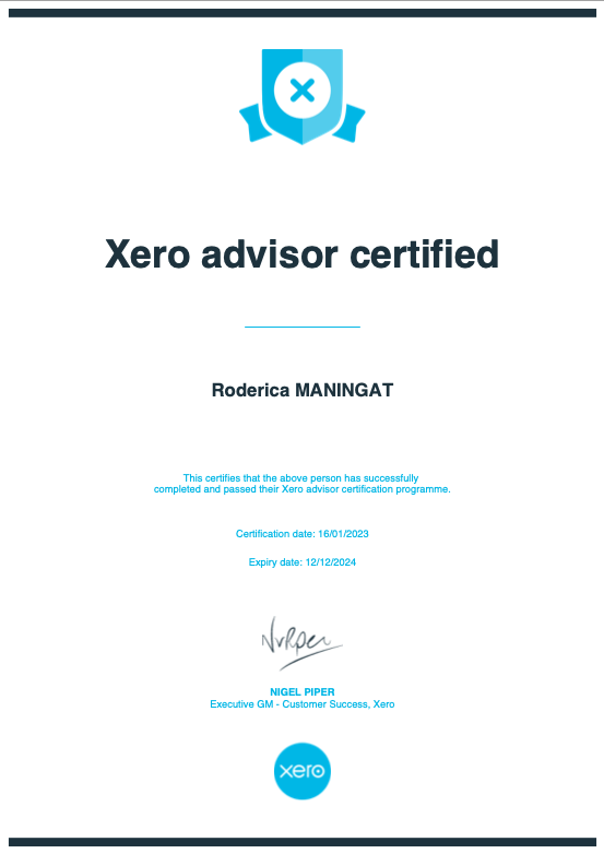 Xero Certificate