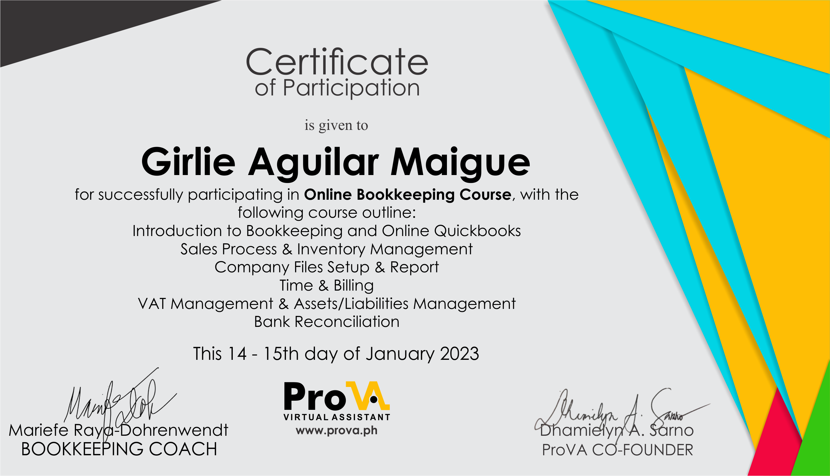 Online Bookkeeping Course Certificate