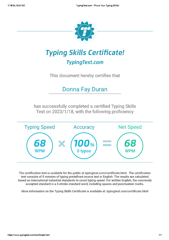 Typing Skills Certificate