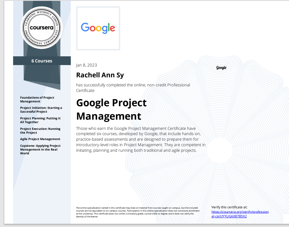 Google Project Management Certificate