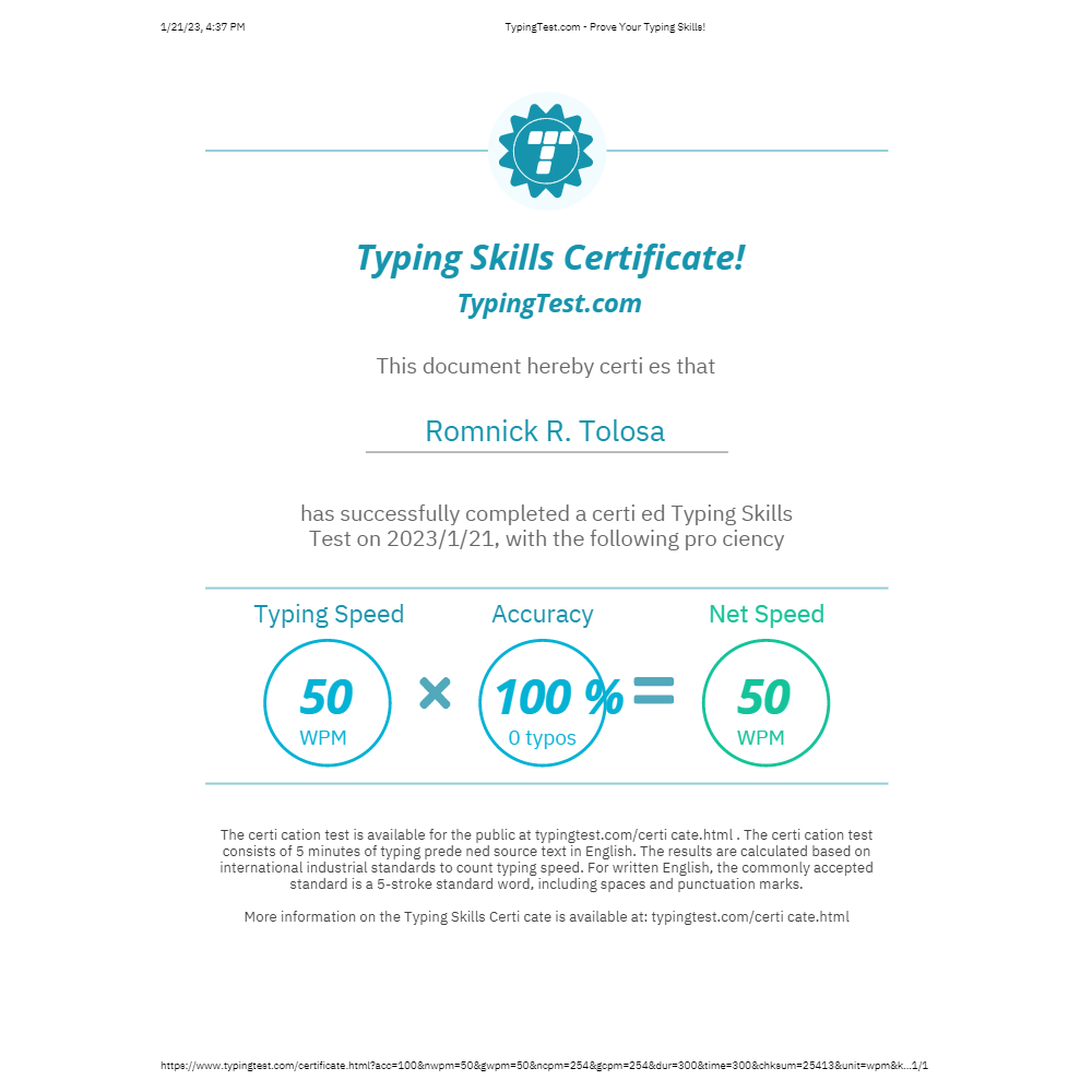 Typing test Certificate