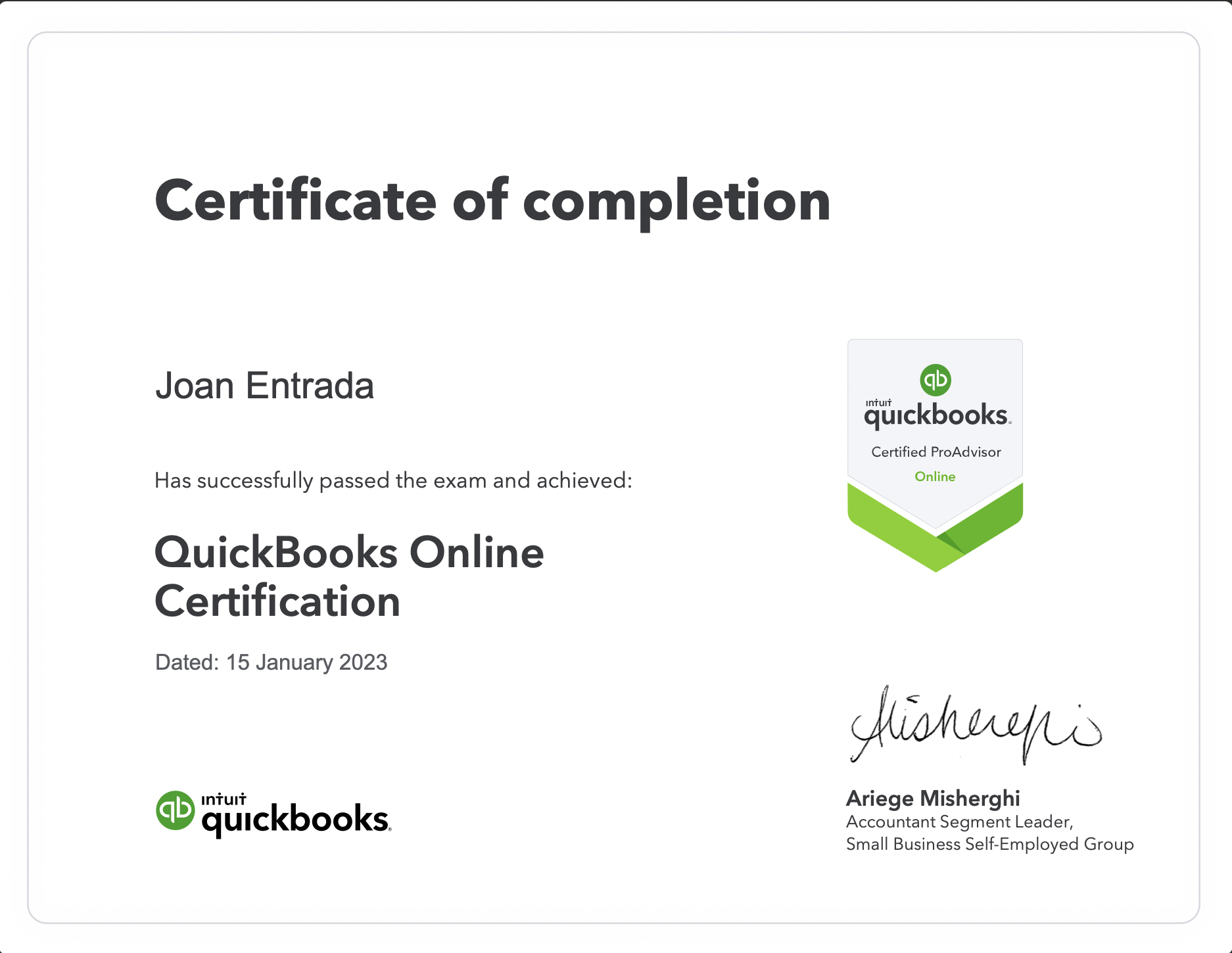 QuickBooks  Certificate