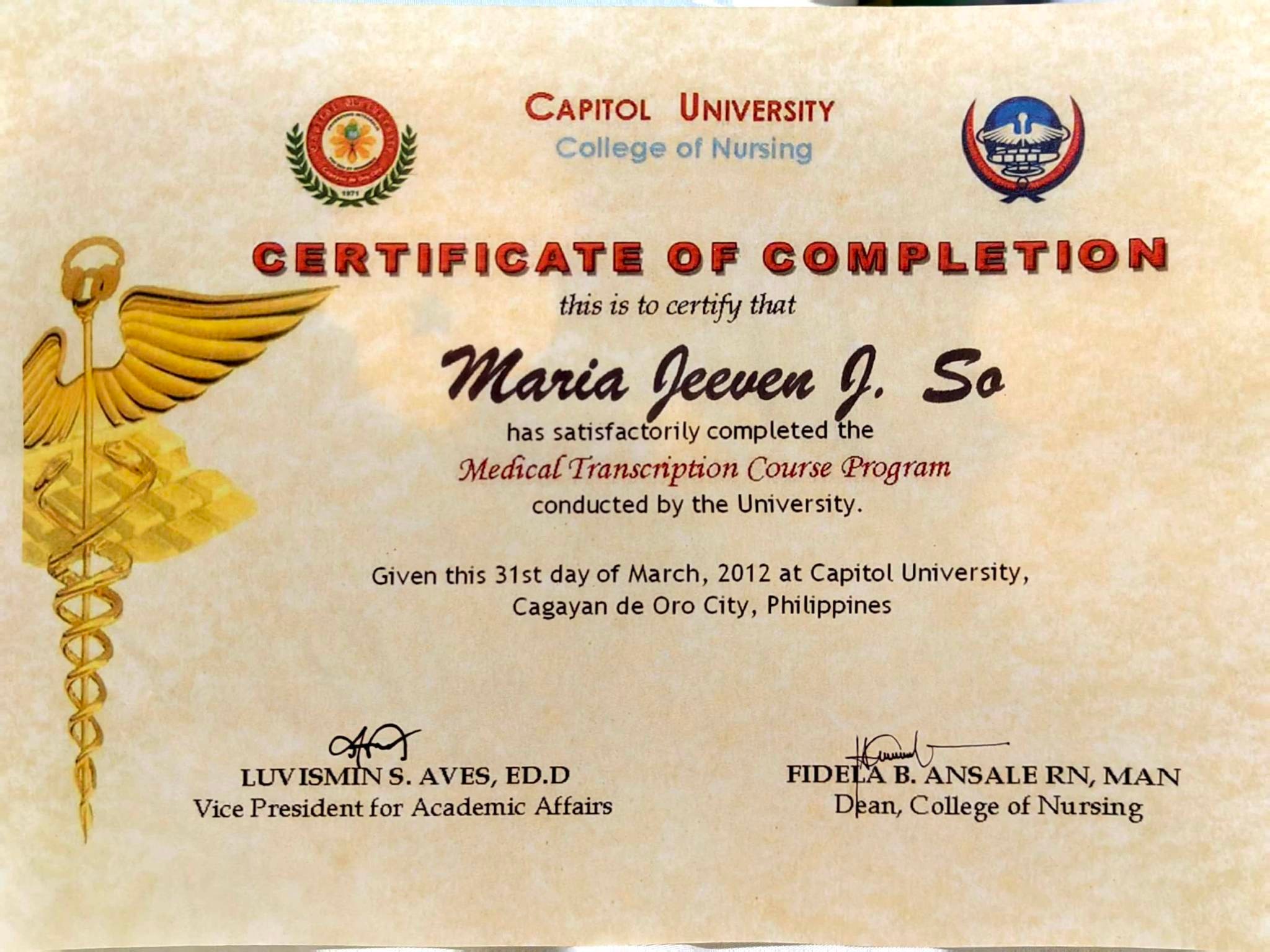 Certificate of Medical Transcriptionist