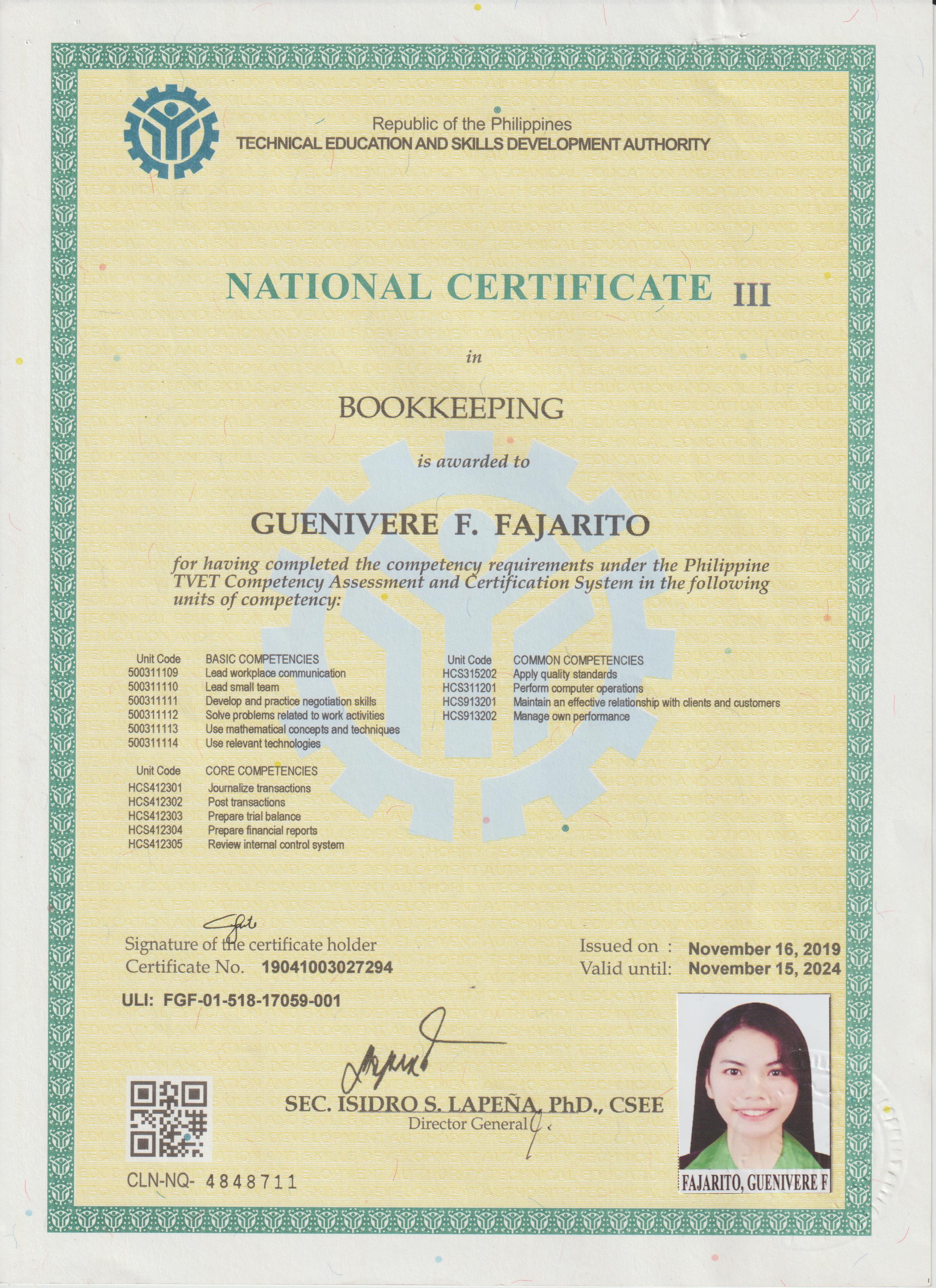 Bookkeeping NCIII Certificate