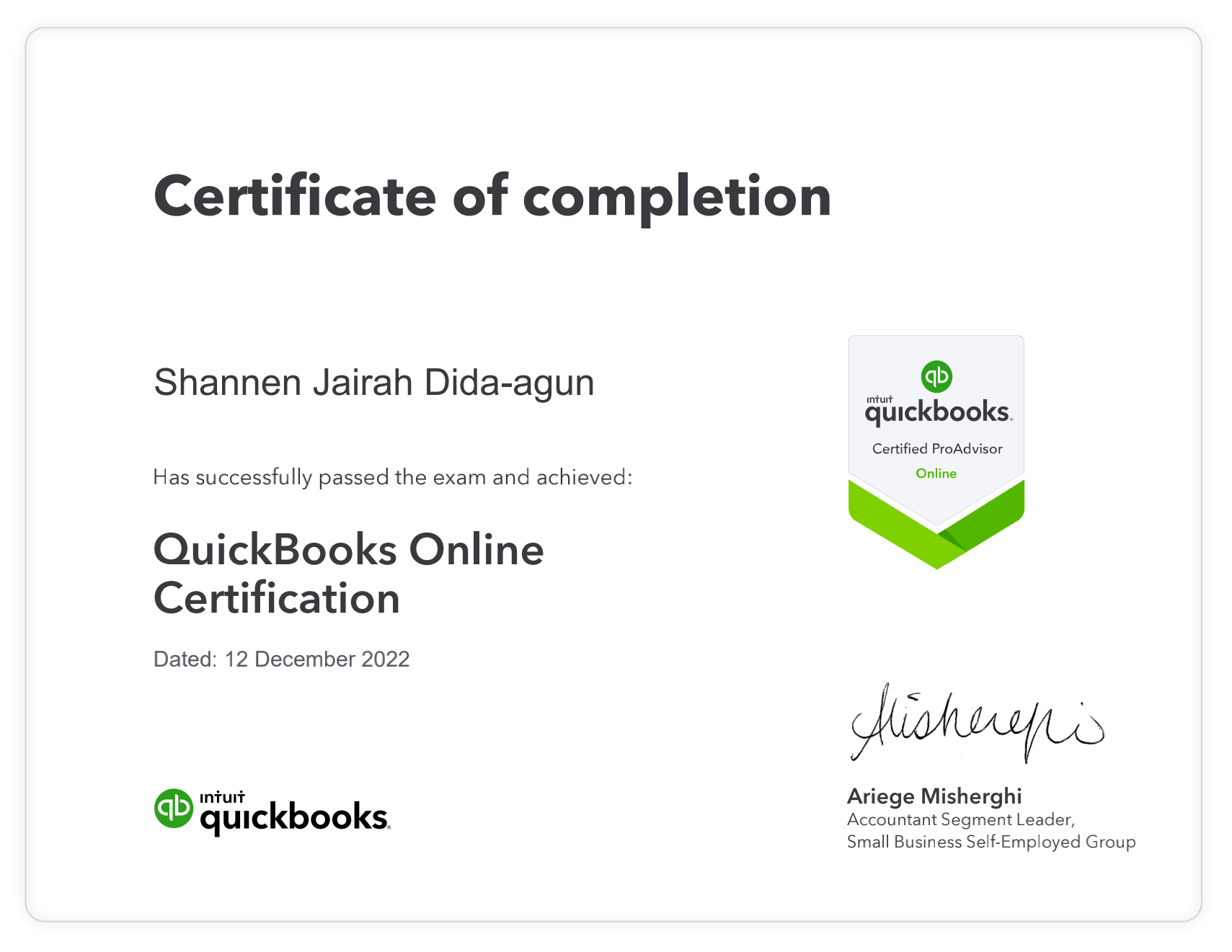 Quickbooks ProAdvisor Certificate