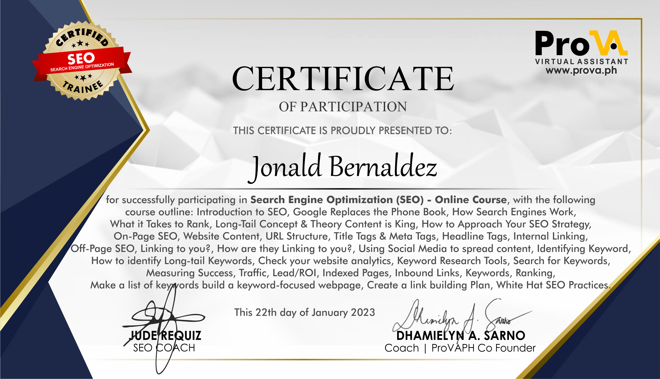 SEARCH ENGINE OPTIMIZATION CERTIFICATE