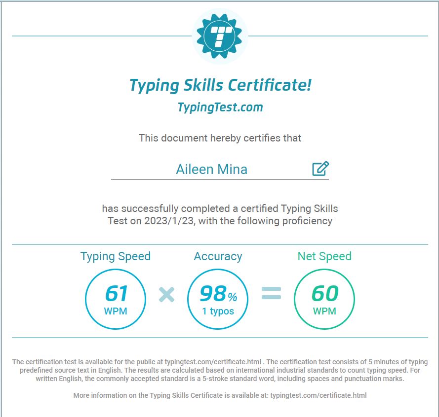 Typing Skills Certificate