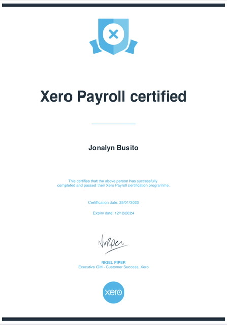 XERO Payroll Certificate