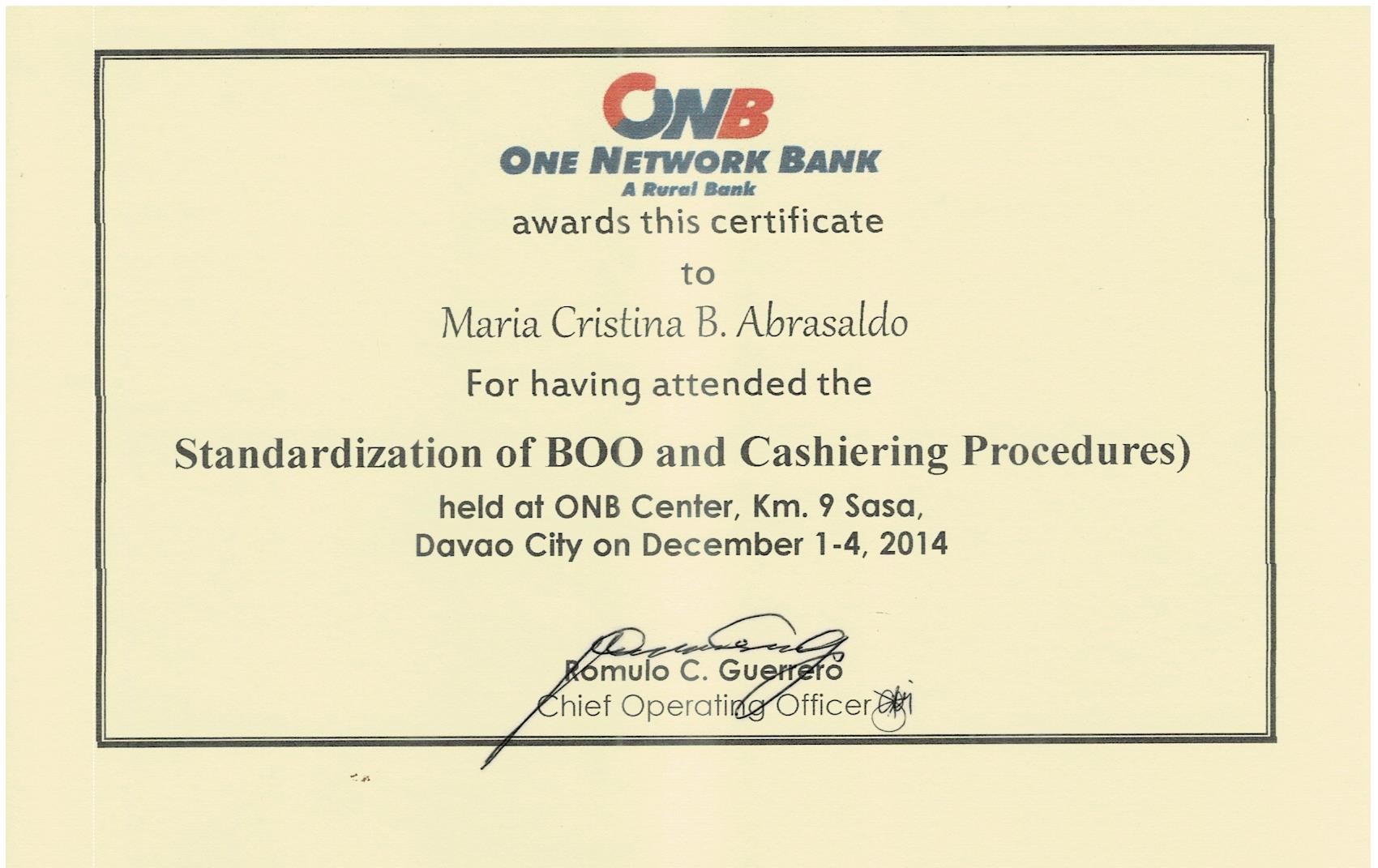 STANDARDIZATION OF BOO (BRANCH OPERATIONS OFFICER) AND CASHIERING PROCEDURES