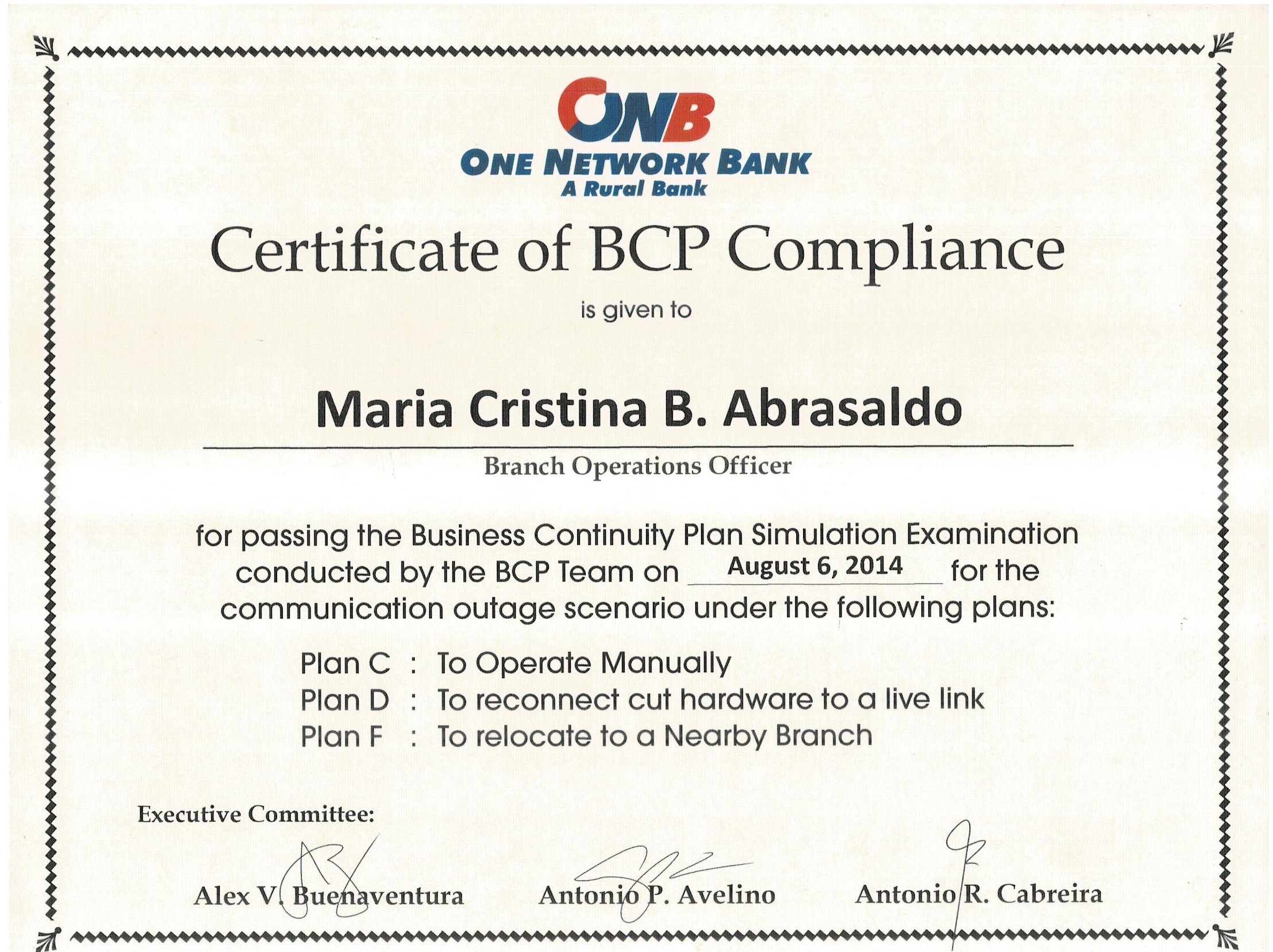 CERTIFICATE OF BUSINESS CONTINUITY PLAN COMPLIANCE