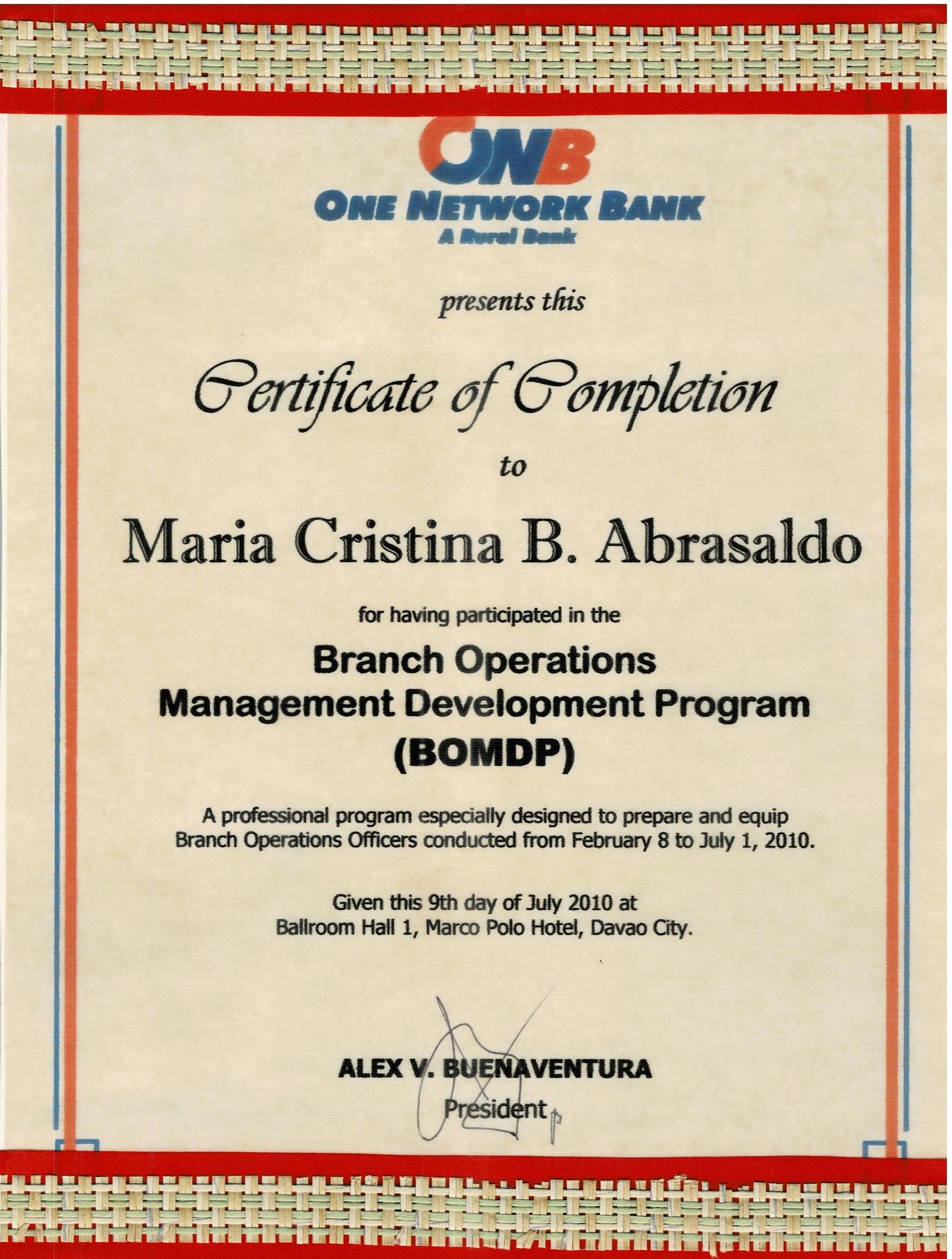 CERTIFICATE OF COMPLETION-BRANCH OPERATIONS MANAGEMENT DEVELOPMENT PROGRAM(BOMDP)