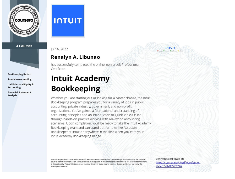 Intuit Academy Bookkeeping  Specialization with QBO