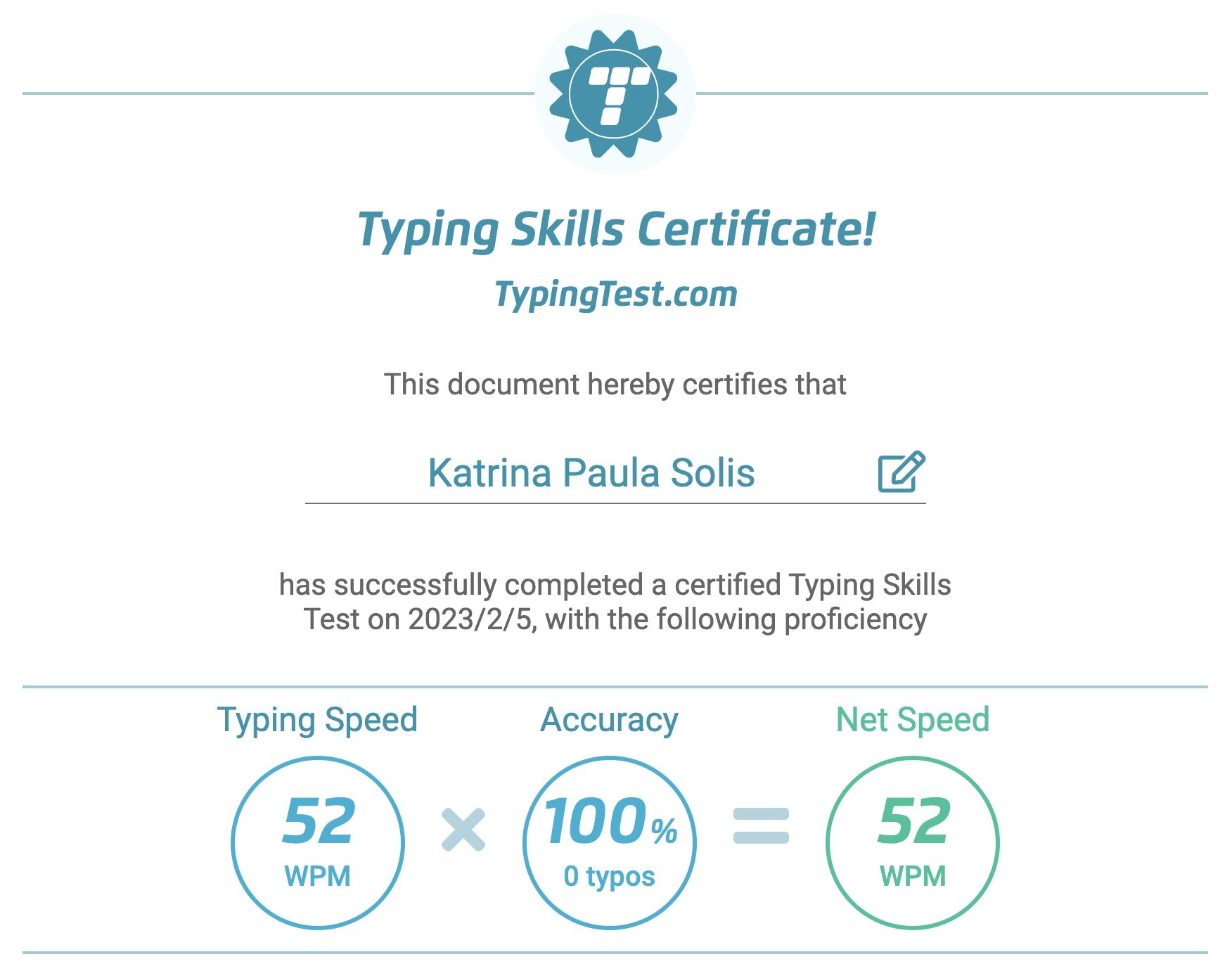 Typing Test Certificate