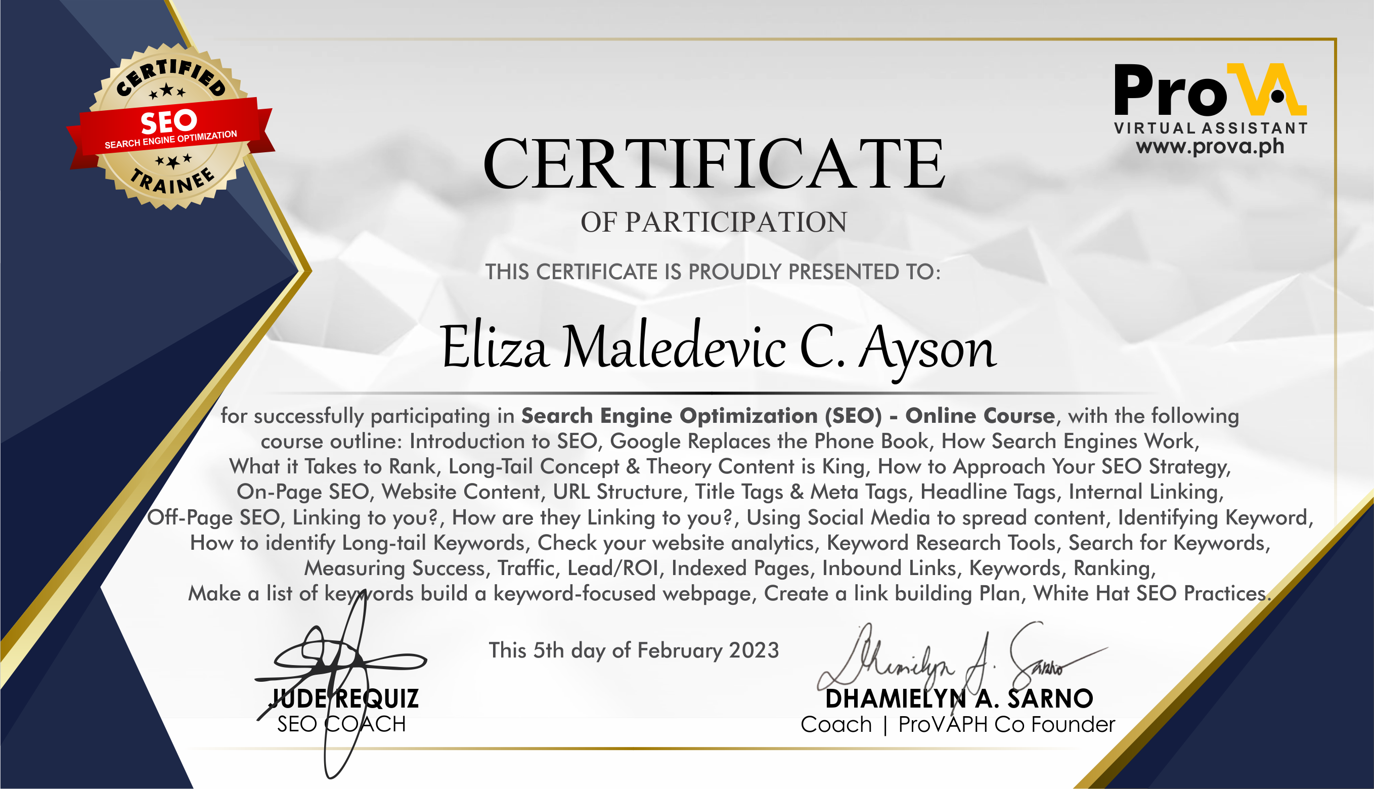 Pro VA  SEO Training Certificate