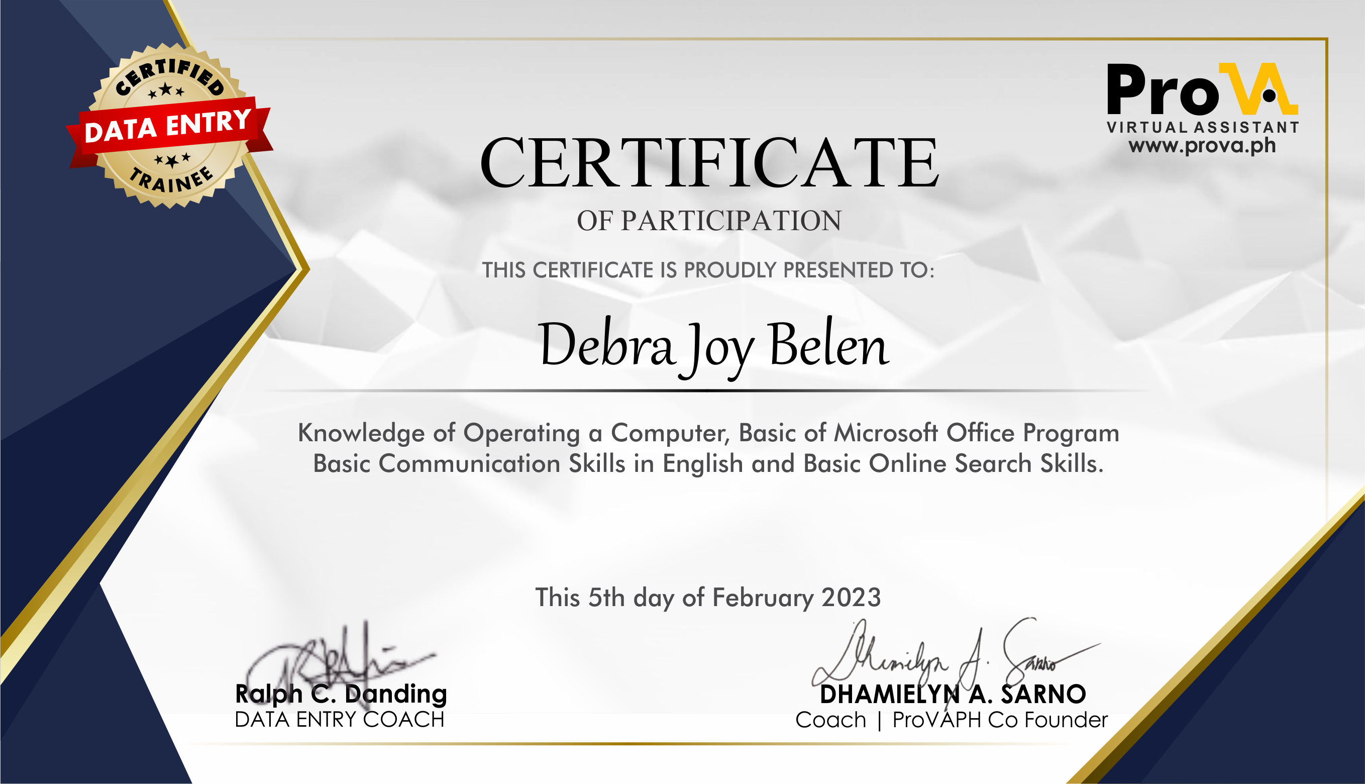 Data Entry Certificate