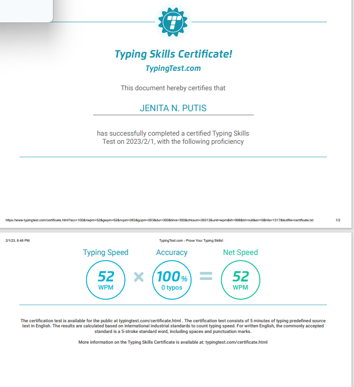 typing certificate