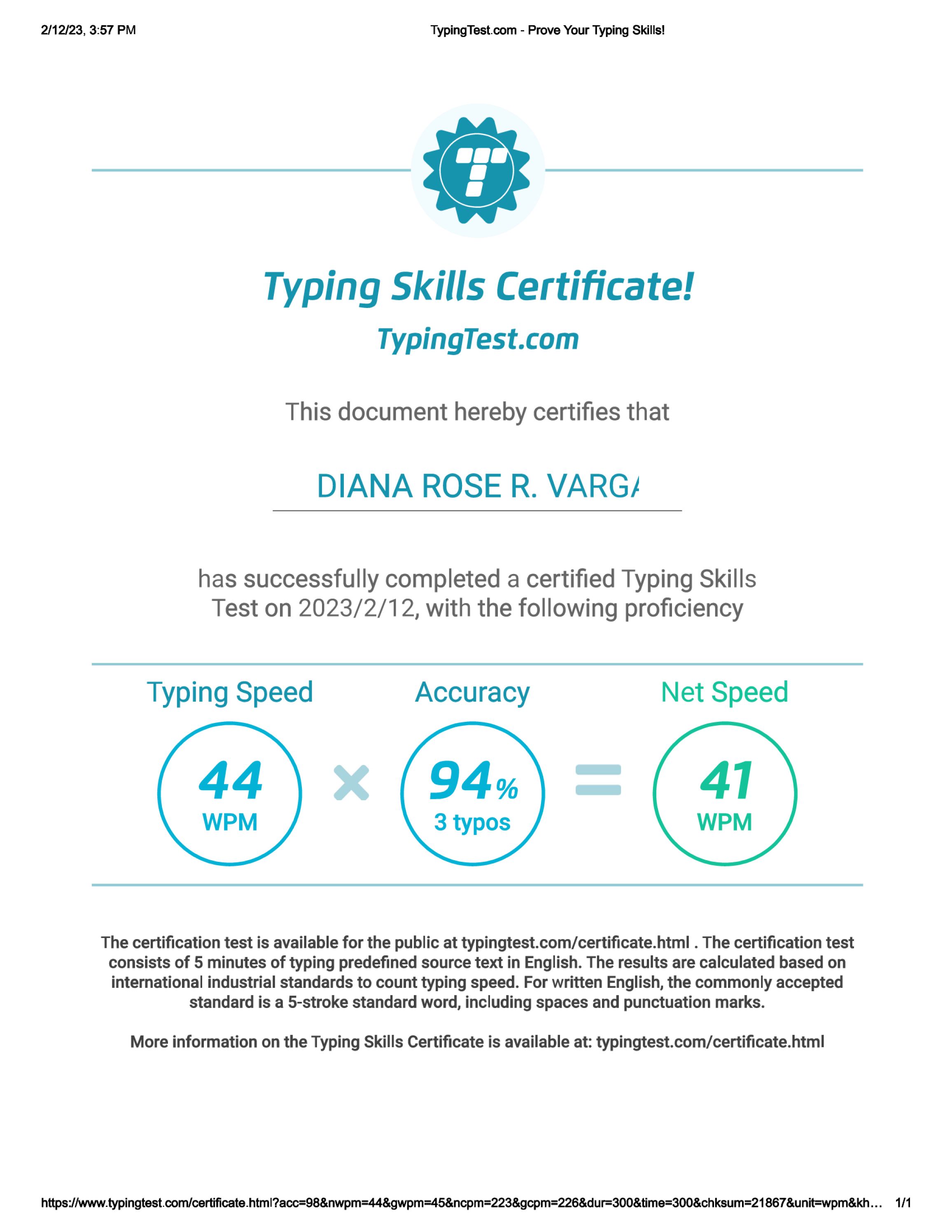 Typing Test Certificate