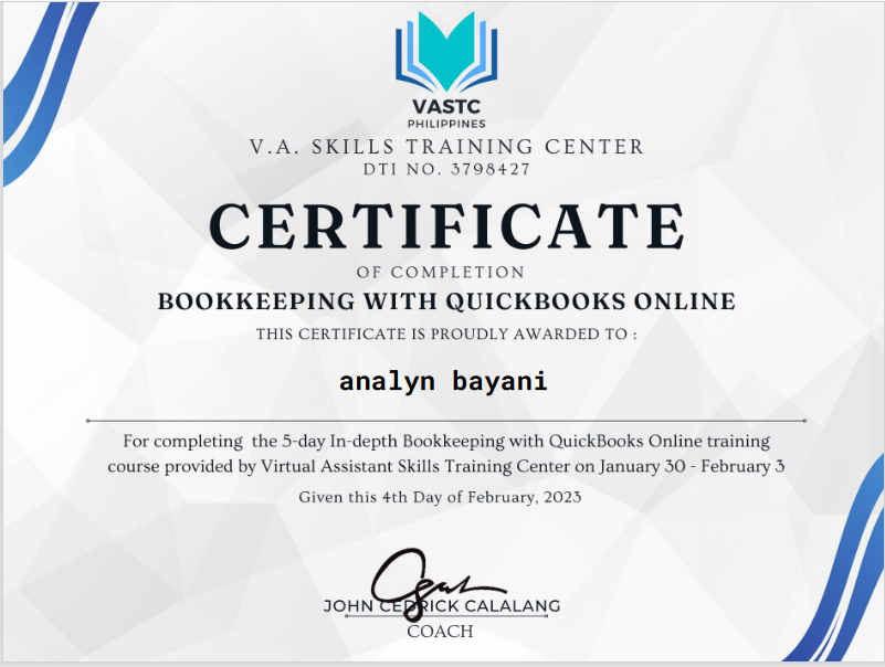 Certificate of Completion QB online