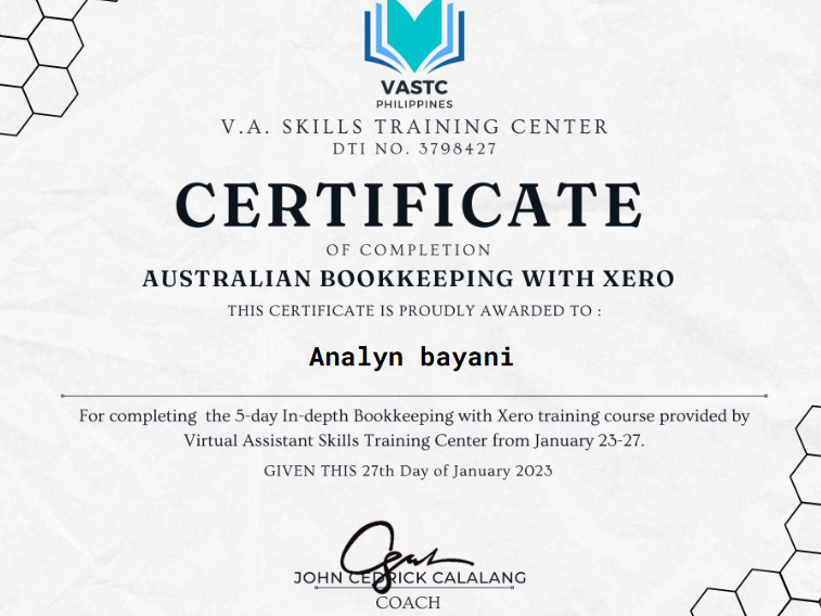 Certificate of Completion Australian Bookkeeping  with XERO