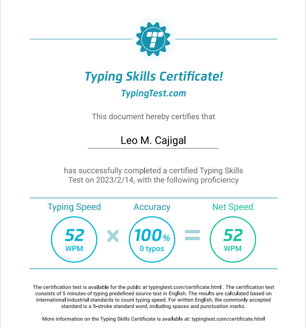 Typing Test Certificate