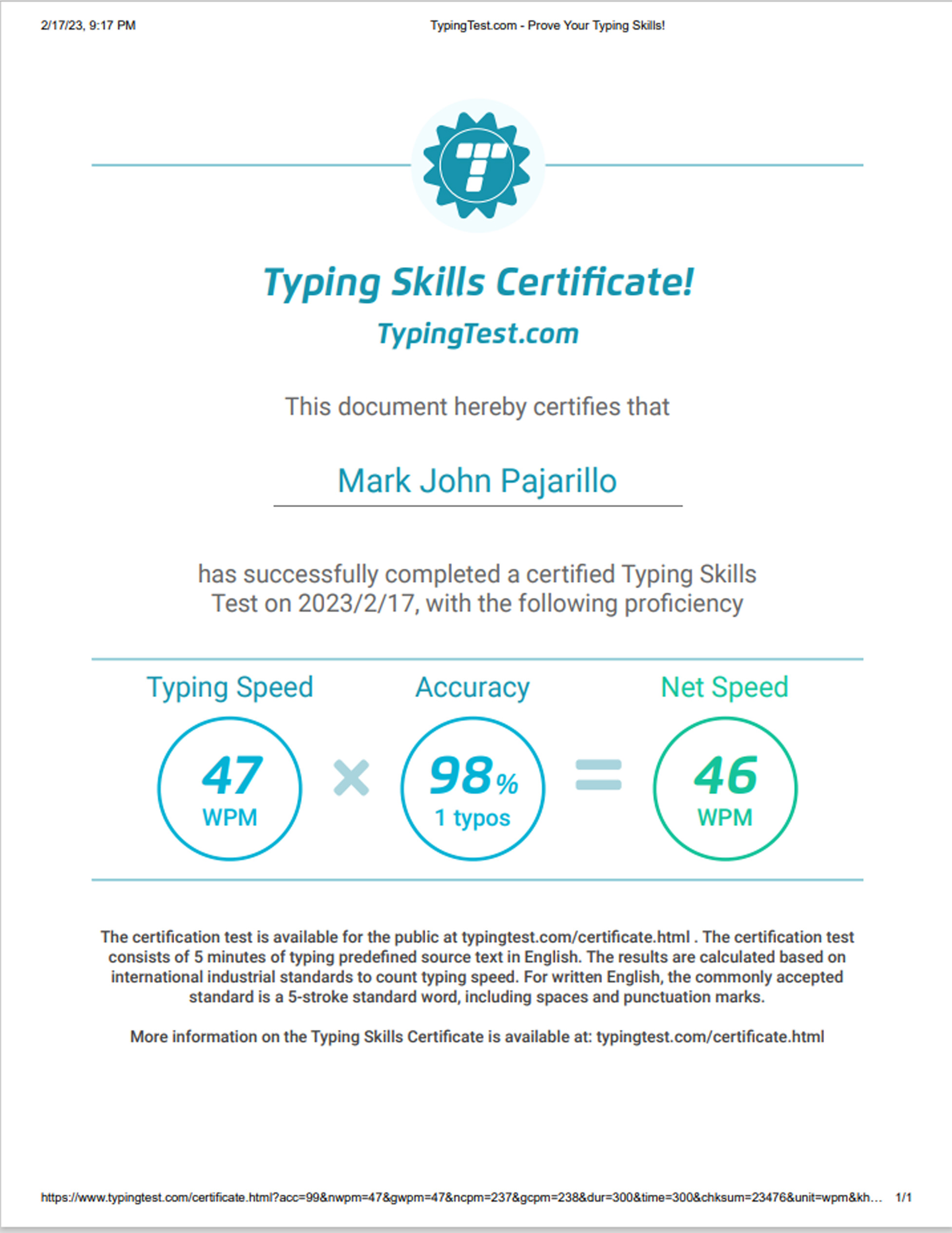 Typingtest Certificate