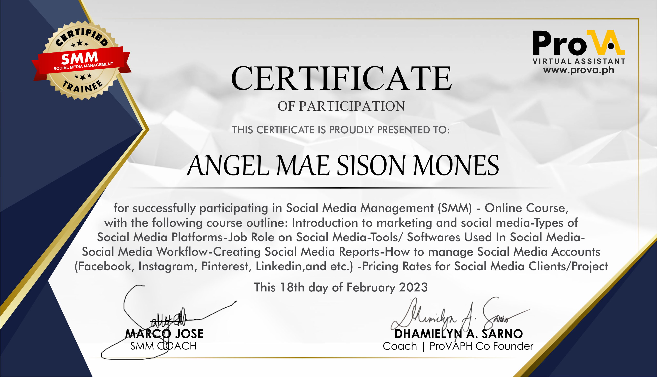 SMM CERTIFICATE