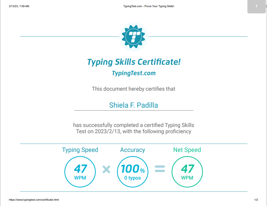 Typing Skills Certificate