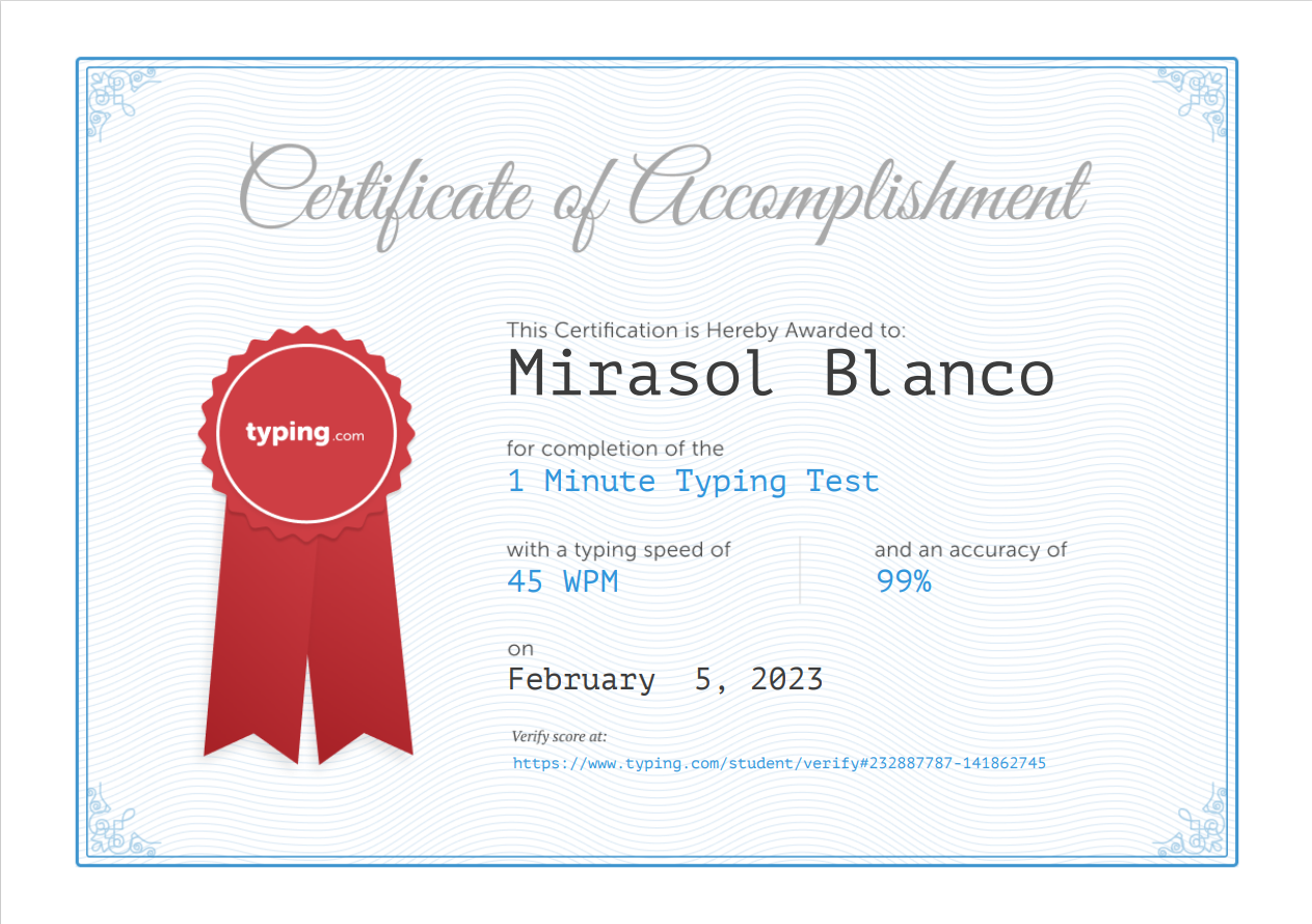 1Minute Typing Test Certificate