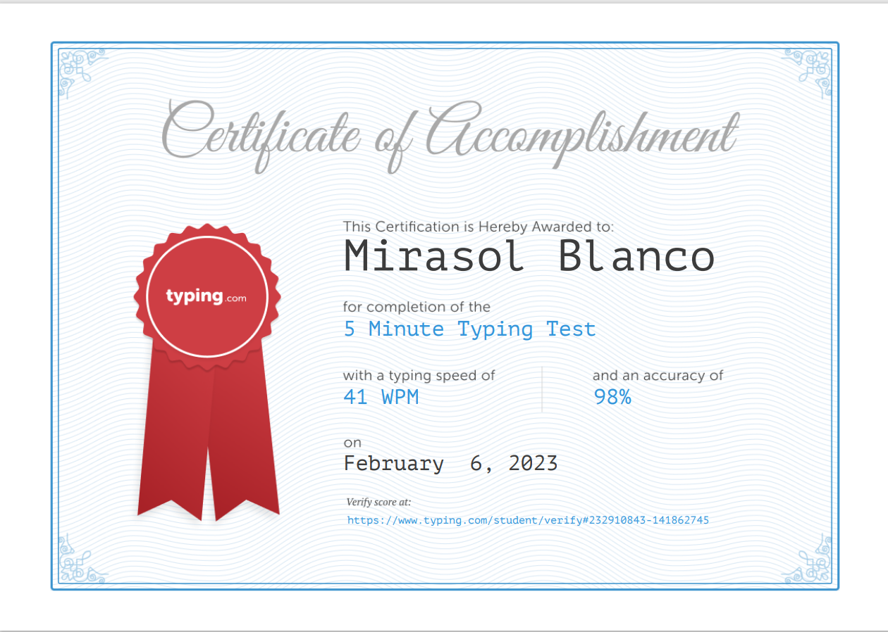 5Minute Typing Test Certificate