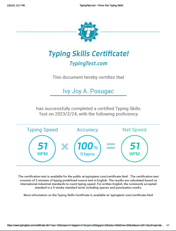 Typing Test certificate