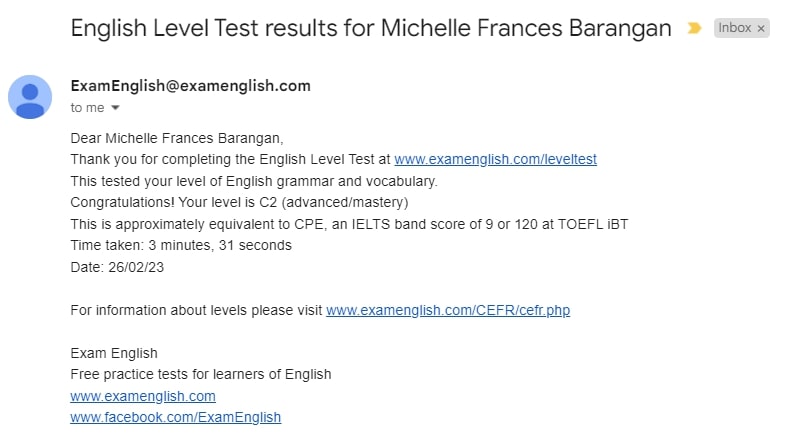 English Proficiency Test Result