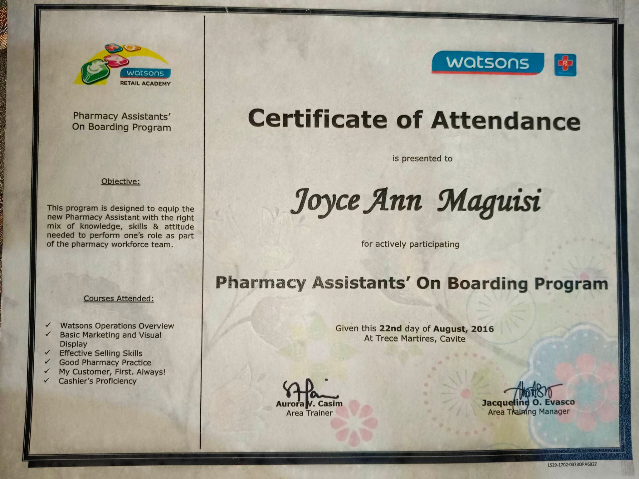 PHARMACY ASSISTANT ON BOARDING CERTIFICATE