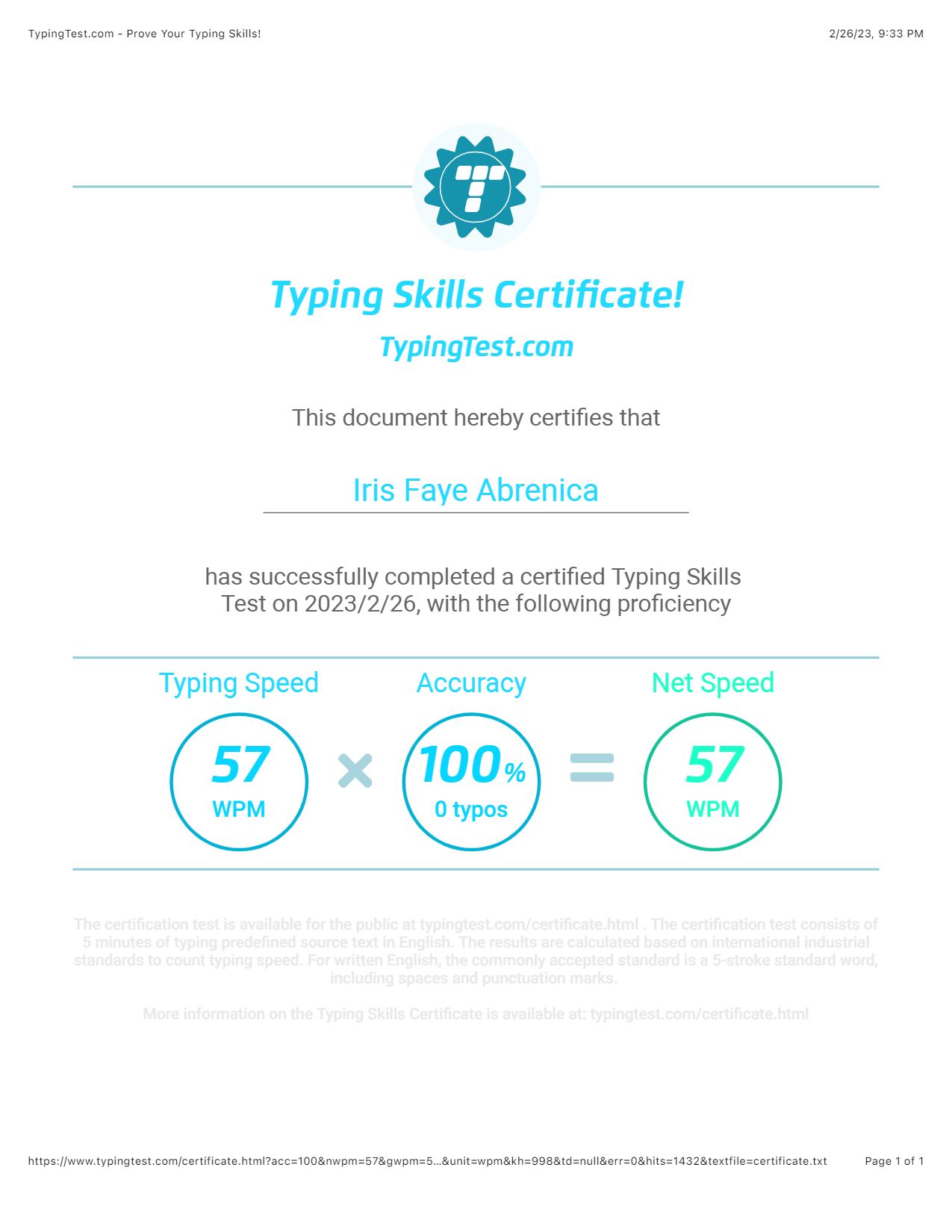 Typing Test Certificate