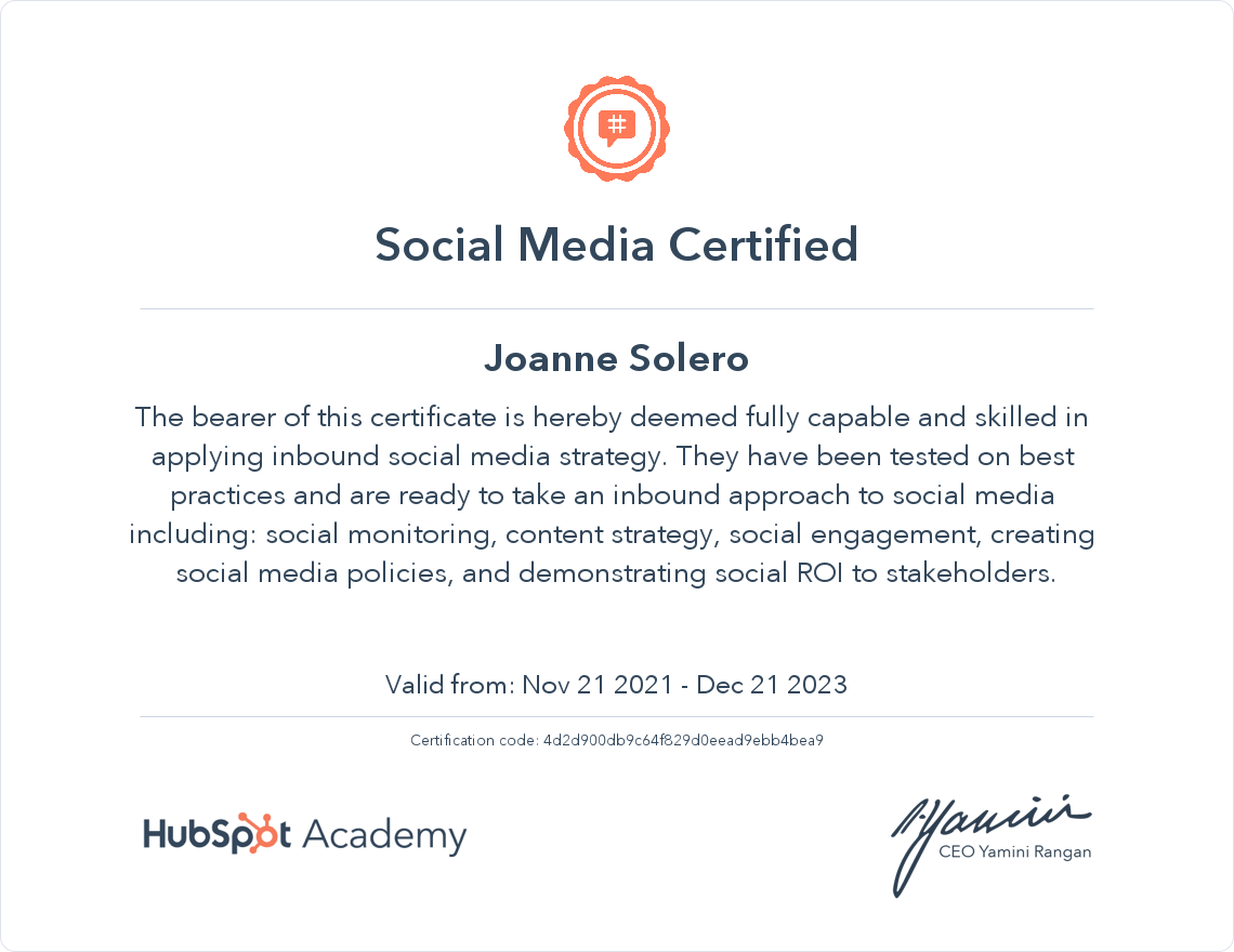 SOCIAL MEDIA CERTIFIED  by HubSpot