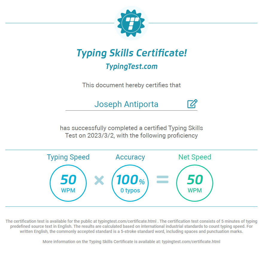 Typingtest Certificate