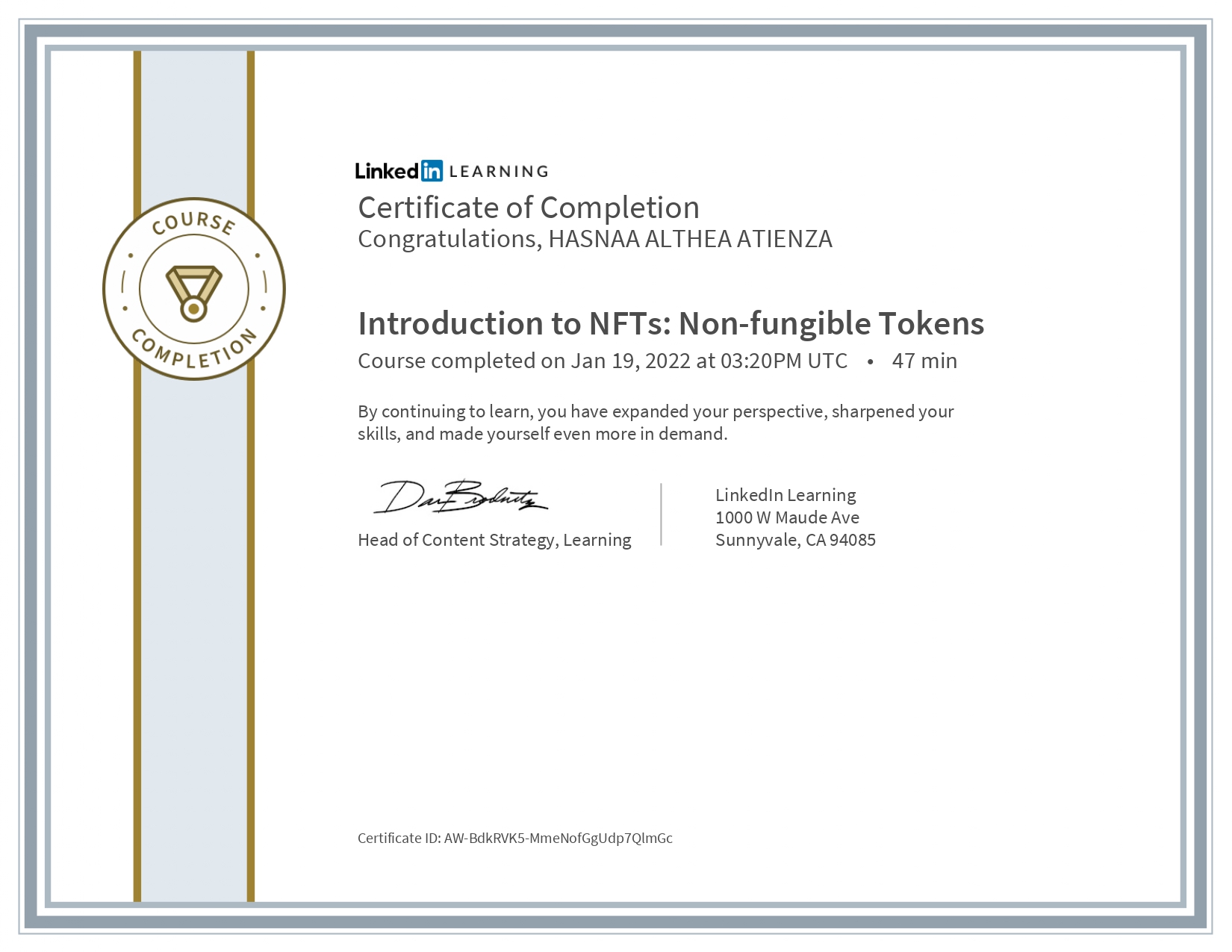 CertificateOfCompletion_Introduction to NFTs Nonfungible Tokens