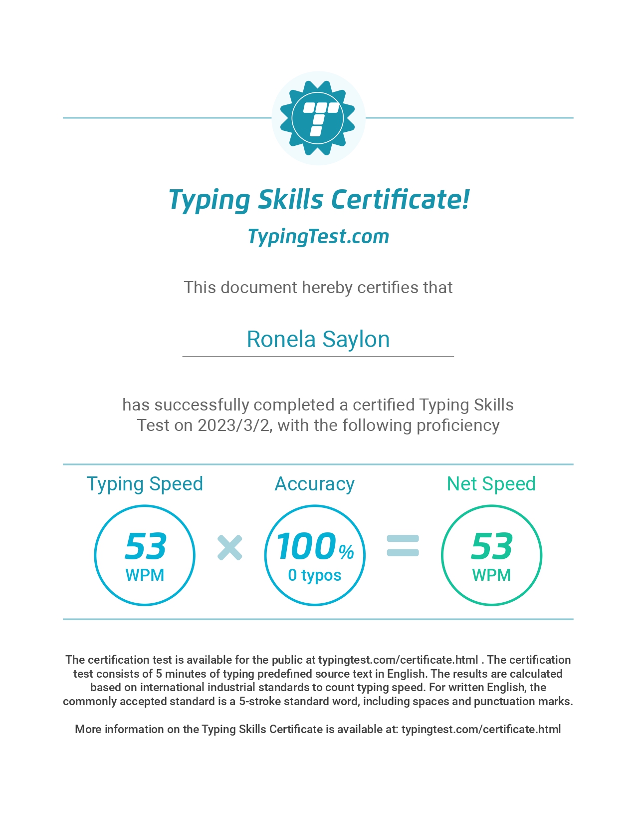 Typing Test Certificate - 5 mins