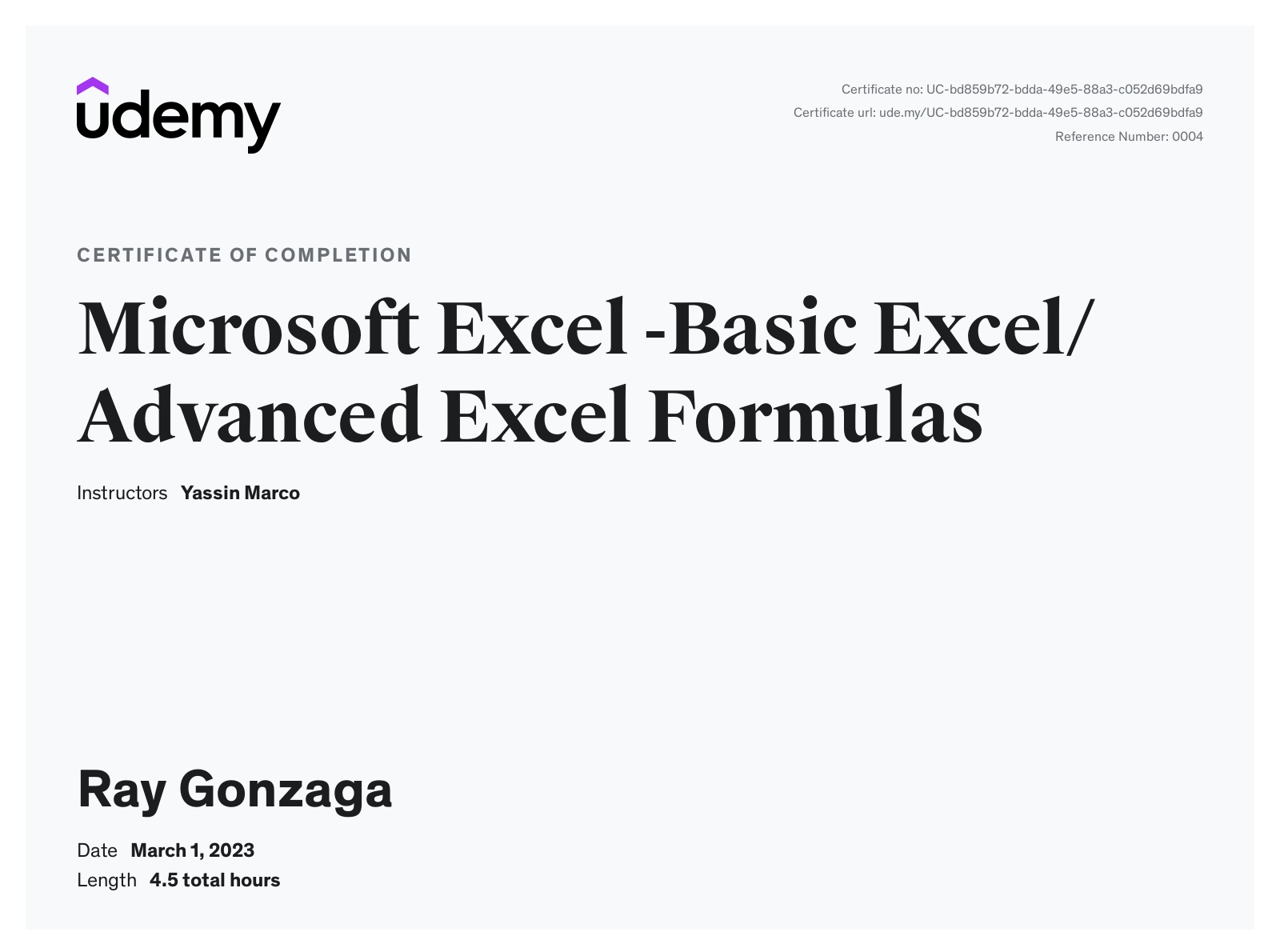 Microsoft Excel Certifcate